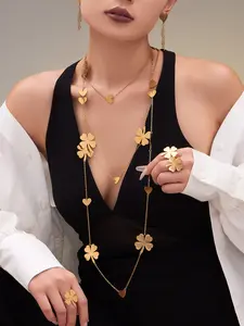 Lucky Four-Leaf Clover Heart Ring Earrings Necklace Set, Fashionable Stainless Steel Jewelry, Elegant Jewelry Set, Long Sweater Chain, Women's Accessories