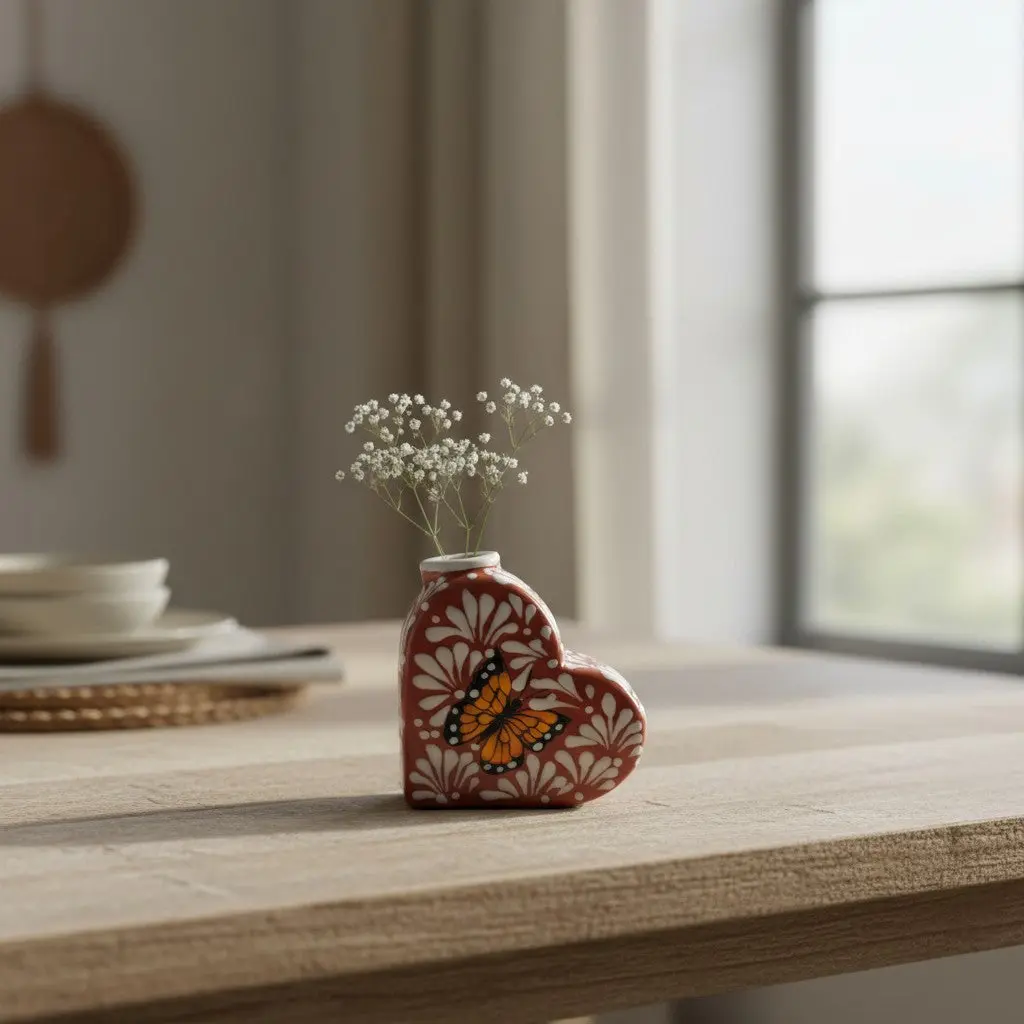 Talavera Heart Vase | Brown & White Butterfly Design