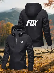 Men's Soft Shell Jacket, Fox Print, Sun Protection Hooded Jacket, Zipper Pockets, Adjustable Hood, Outdoor Casual Sporty Coat