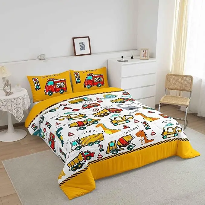 King Size Gentle Soft Microfiber Duvet Comforter Set - Printed Blanket, Soft Warm Bedding, 3D Dinosaur/Multicolor Construction Truck & Excavator Patterns, Machine Washable for Kids' Birthdays