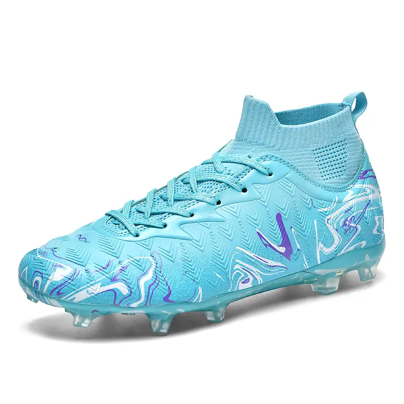 High-Top Soccer Cleats – Men's Ice Blue & Purple Professional Football Shoes, Firm Ground Athletic Boots with Sock-Fit Collar & Enhanced Grip Studs