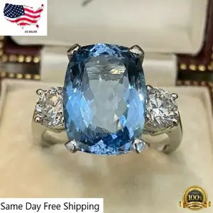 New 925 Silver Large Fashion Oval Cut Aquamarine Ring Women Jewelry Gift SZ 6-10