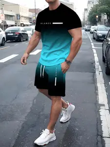 Men's gradient letter print casual, Breathable, stylish and Fitted two-piece set, featuring a summer sporty crew neck short-sleeved top and drawstring shorts, suitable for outdoor and everyday street wear, Menswear