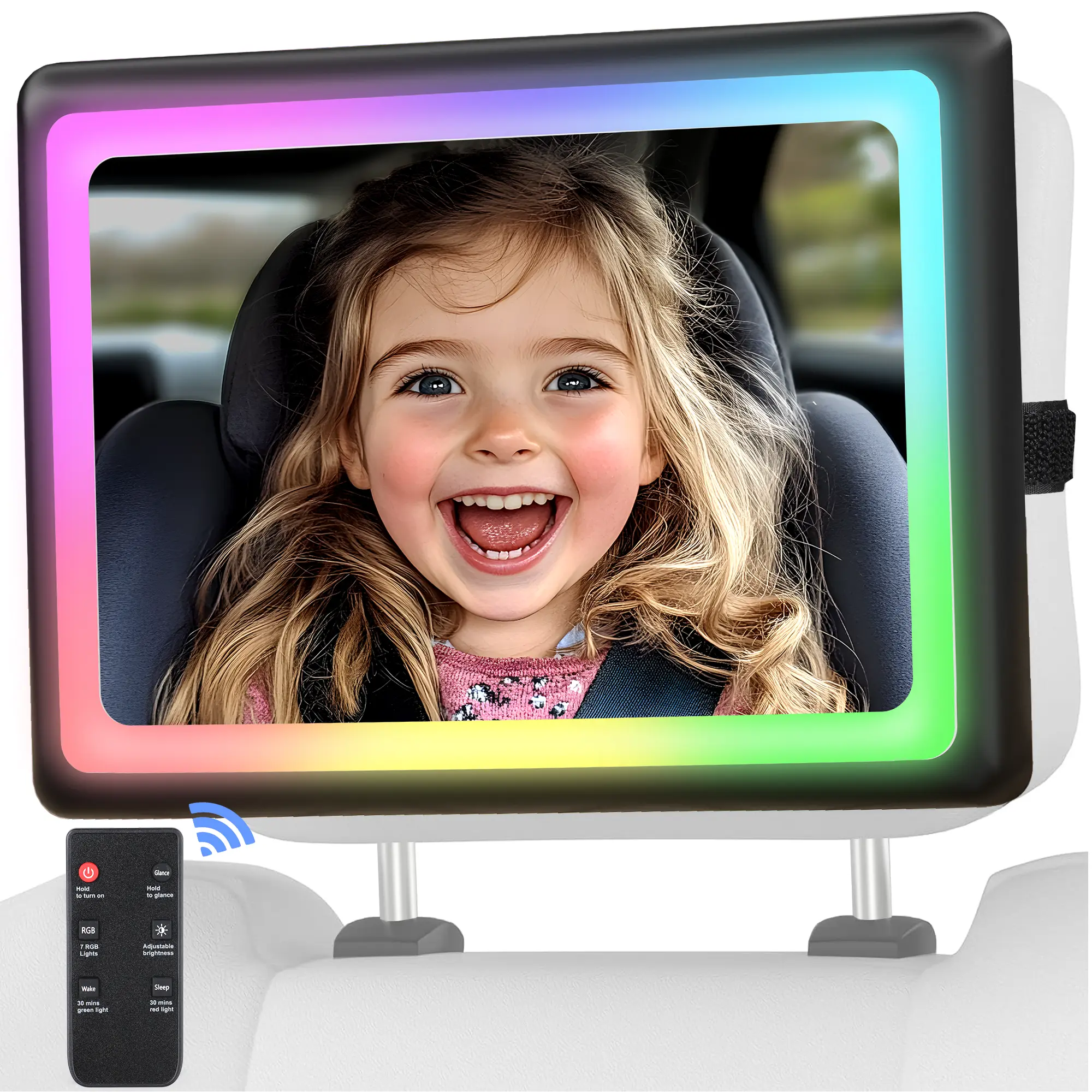 <Father's Day Gift>Safety Car Seat Mirror with Seven Customized RGB Lights and 15° Convex Mirror for Wide Horizon Viewing - Well-prepared for Long Drive Rear Viewing