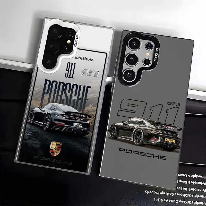 Porsche 911 Stylish Acrylic Smartphone Casing - Shockproof, Durable, Scratch-Resistant, UV-Resistant Handheld Phone Accessory for Samsung Galaxy S22/S23/S24 FE Ultra (Black, Silver)