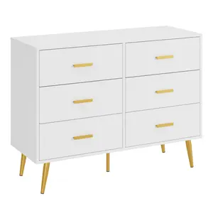 6 Drawer Dresser, Modern Wooden Chest of Drawers with Gold Handles, Deep Drawers for Bedroom, Living Room and Entryway, White