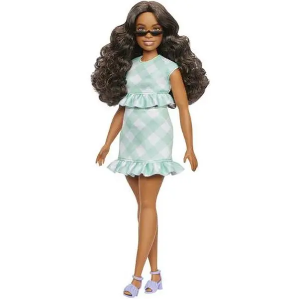 Barbie Fashionistas Doll #240 in Green Gingham Dress And Sunglasses, Wavy Dark Brown Hair  [COLLECTIBLES] Paper Doll