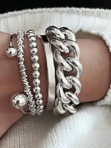 Multi-Layer Bracelet Set for Women, Cuban Ccb Round Bead Design, Elegant Alloy Chain, All-Season Accessory