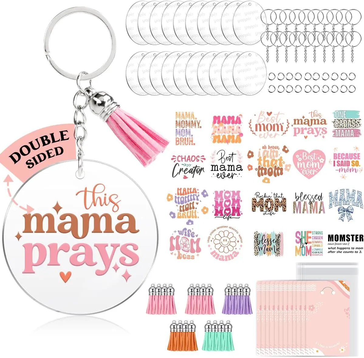 Summer Spring Gift 140 PCS Acrylic Keychain Blank Set, Mama Double-Sided UV DTF Stickers Acrylic Keychain Making Kits for Vinyl DIY Craft Project