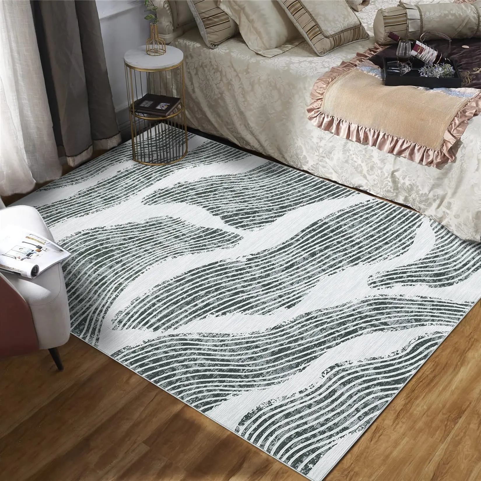 GARVEE 5x7 Washable Area Rug for Living Room - Modern Soft Indoor Carpet with Non-Slip Backing, Abstract Waves Design, Low Pile, Non-Shedding, Foldable Floor Cover for Bedroom, Kitchen, Nursery in Grey