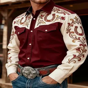 Men's Vintage Regular-Fit Stretch Polyester Western-Style Printed Long Sleeve Menswear Shirt - Mixed Colors Fabric, Western Charm, Suitable for Everyday Casual Wear, Vacations