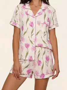 Tulip Floral Printed Lapel Short Sleeve Shorts Pajama Set, Casual Loose-Fitting Breathable Home Sleepwear, All Seasons