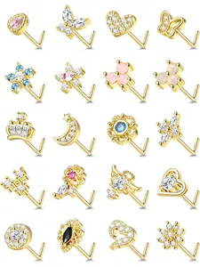 Glamorous 20 Pcs Golden L Shape Nose Rings Retro 20G Surgical Steel Copper Nose Studs for Women Men L Shape Bone Screw Nose Rings Shining Cubic Zirconia Moon Star Heart Flower Butterfly Nose Piercing Jewelry Set Nose Piercings Kit