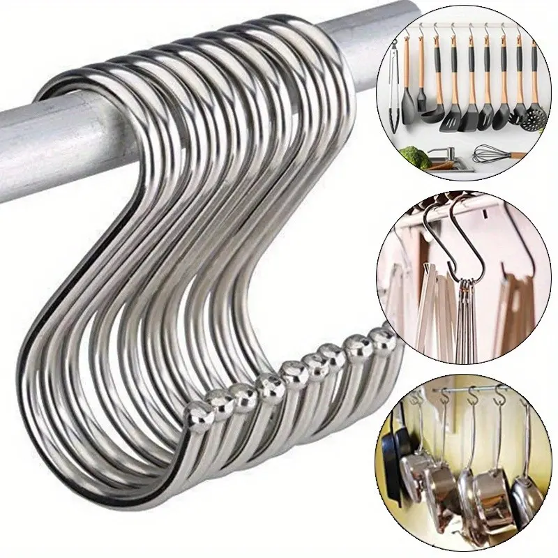 10PCS Heavy Duty Stainless Steel S Hooks, Thickened Round Head Metal Multi-Purpose Hanging Hooks, Anti-Scratch Hardware, Suitable for Closet, Bathroom Shower, Bathroom Essentials, Clothing Store Storage, Shower Curtain Hooks