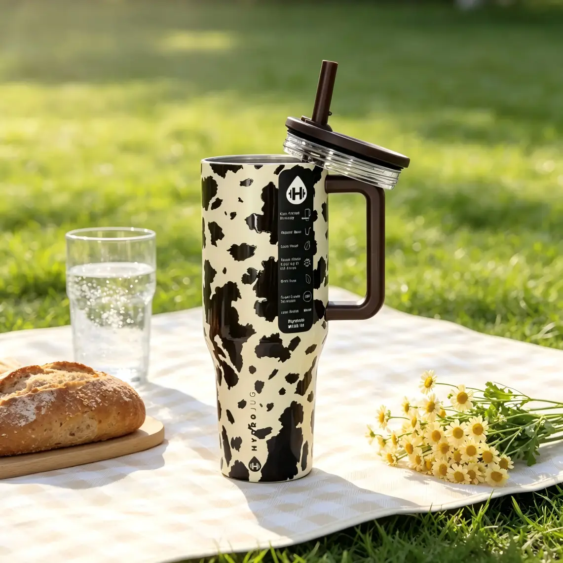 HydroJug Traveler Retro Cow Print 40oz Reusable Water Bottle - Lightweight, Leak-Proof, Waterproof, Washable, Large Capacity Portable Drinkware with Straw for Camping, Gym