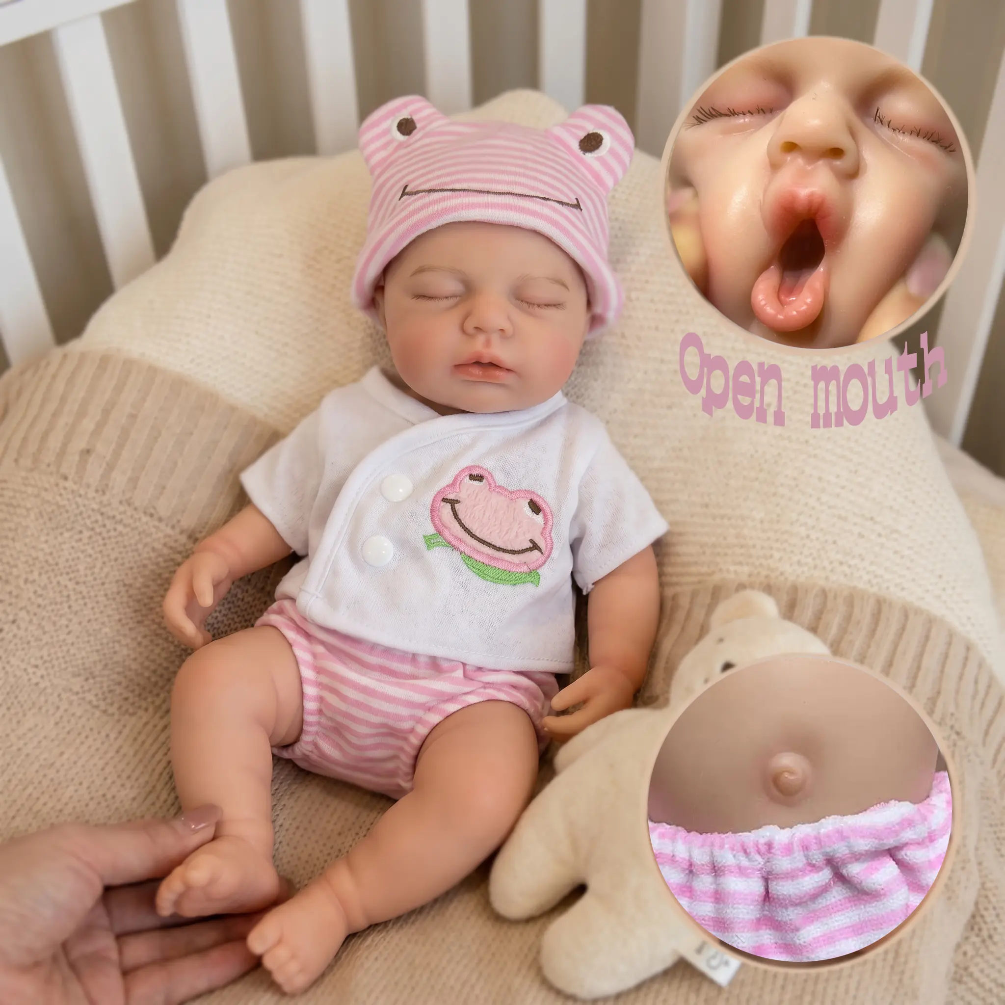 1PC 12.6in Open-Mouth Full Body Solid Silicone Reborn Doll Loulou, 3D Hand-Painted Skin, Washable Soft Touch, Cute Newborn Soft Doll, EN71 Certified Collectible Toy for Festival Gifts