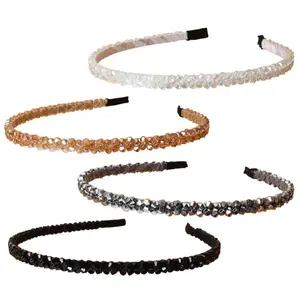 4 PK  Rhinestone Headbands for Women Girls Double Rows Sparkly Beaded Hair Hoops Clear Black Weave Narrow Hair Bands Hair Accessories (Color A)