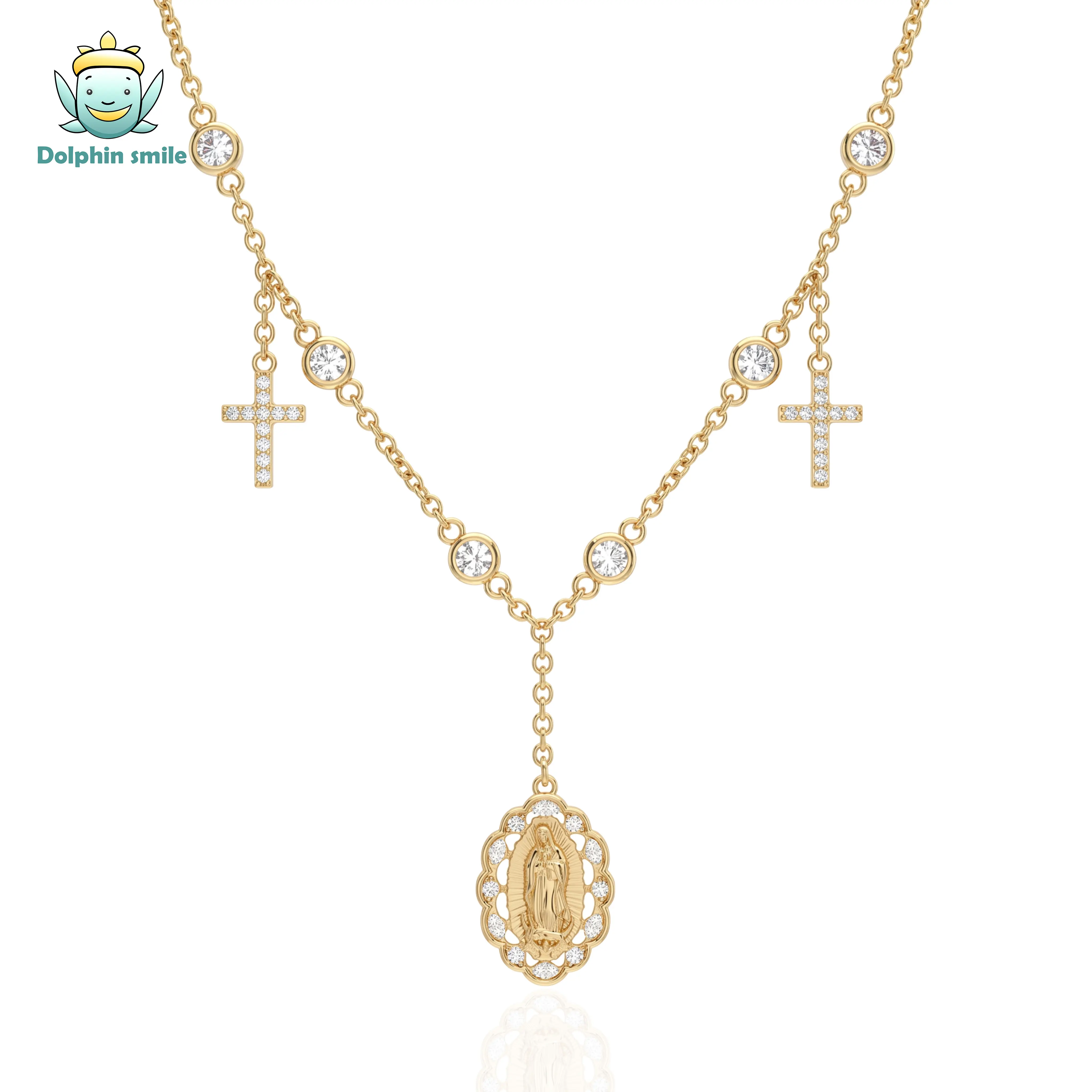 DolphinSmile Women's 14k Gold Virgen Mary Necklace - Female Religious Jewelry with Virgen Mary Design and Cross