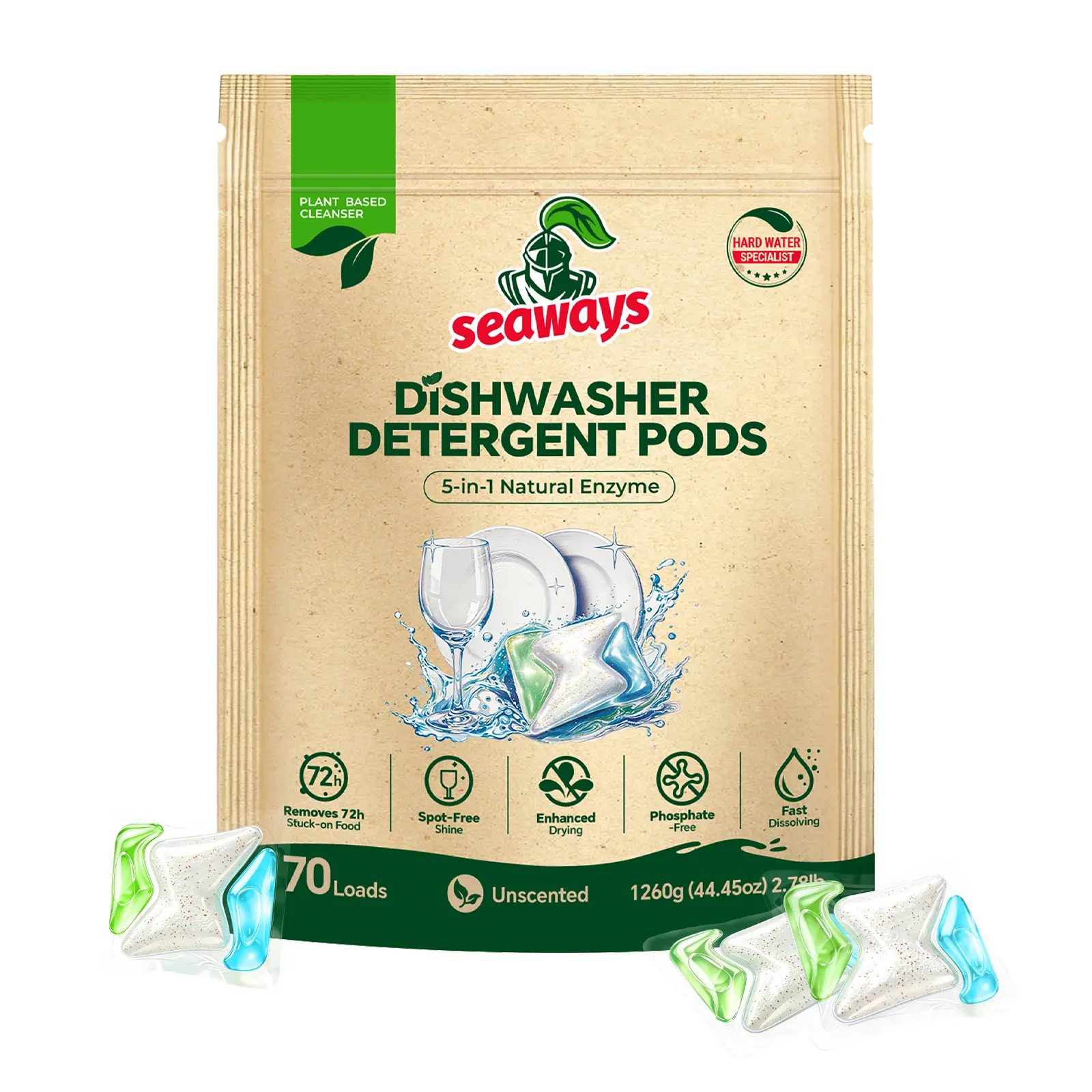 Seaways Dishwasher Detergent Pods, 70 Loads, 5-in-1 Enzyme Cleaning Pods, Unscented, Phosphate-Free, Fast Dissolving, Hard Water Formula, 1-Pack