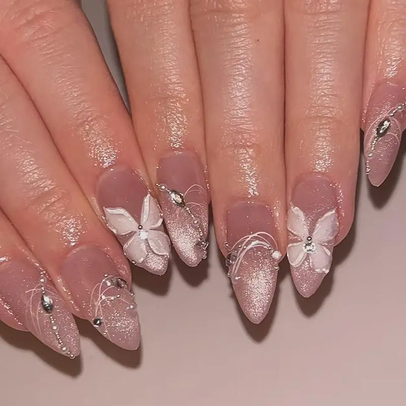 Shining Rhinestone Decor Almond Fake Nail, 24pcs Glitter Cat Eye Press on Nails DIY Nails with Nail File & Tape, Removable Nail Art Artificial Full Cover for Women Girls, Decorative Nails, Glittering Fake Nails