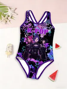 Girls' Jumpsuit Swimsuit, K-Pop Dark Graffiti Print, Block, Summer Beach Vacation Swimwear, Fitted Casual Style