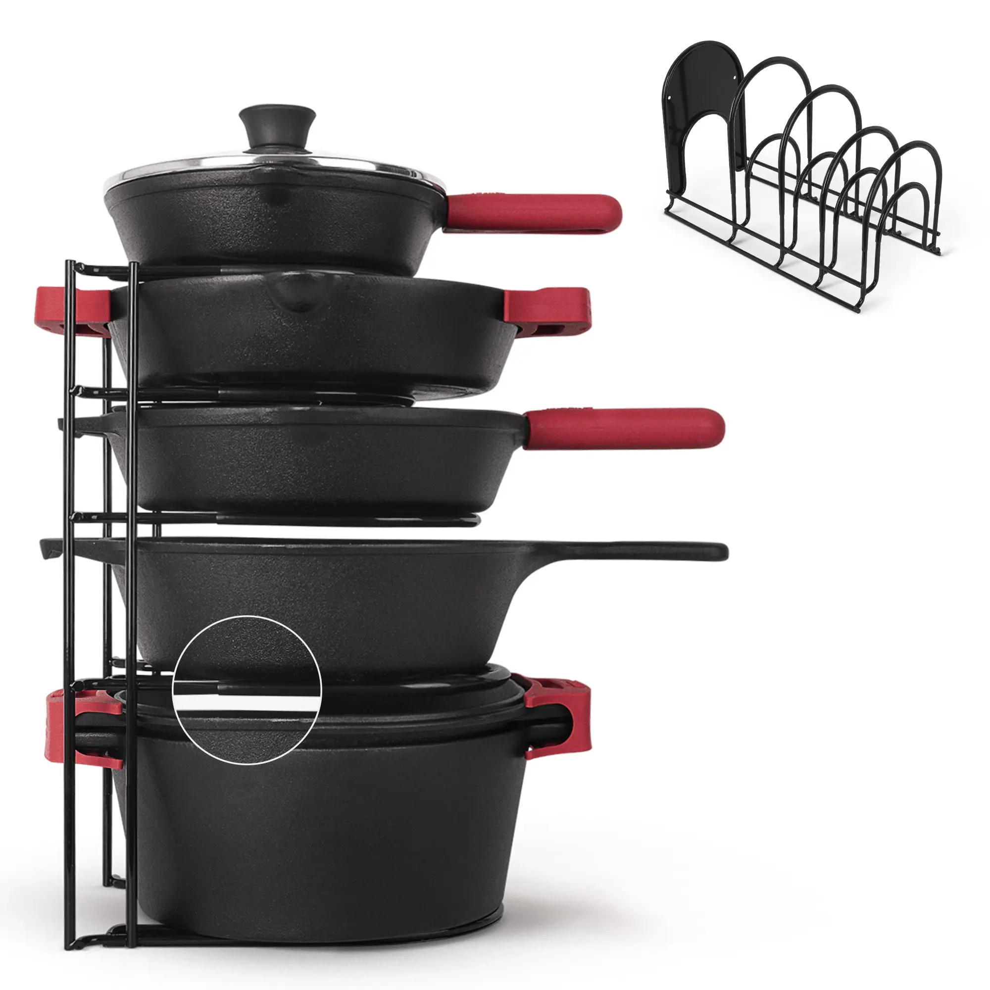 Cuisinel Cast Iron Pan Organizer Rack - Heavy Duty Kitchen Cookware Storage for Skillets, Pots, Pans, Griddles & Lids - Countertop & Cabinet Space Saver - 12 in & 15 in, Single & 2-Pack Options