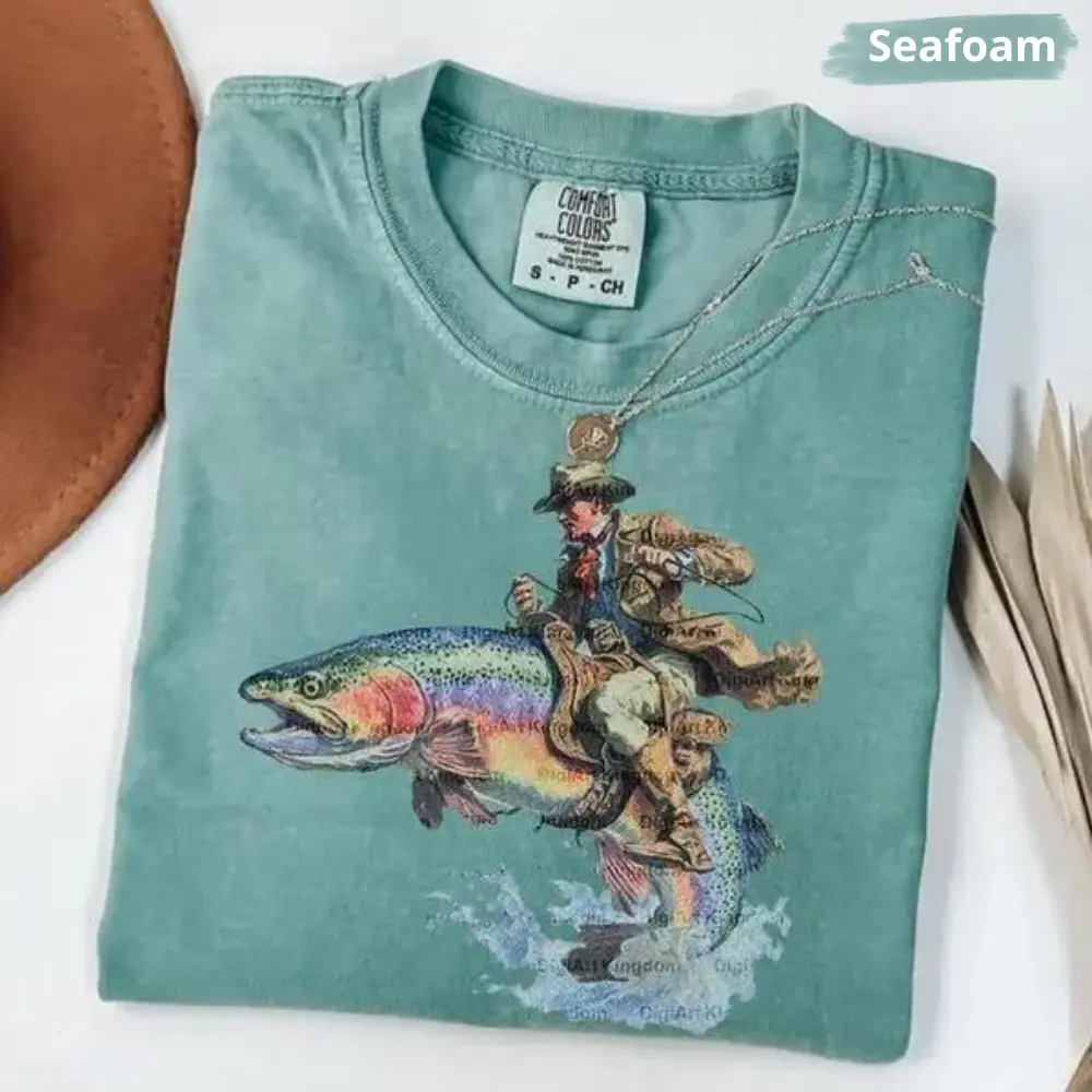 Comfort Colors Vintage Cowboy Riding Trout T-shirt Western Fishing Retro Tshirt Gift For Him Womenswear Cotton Top Fit