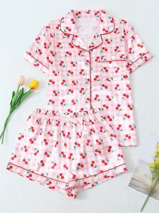 Women's Satin Sleepwear Set, Pajamas, Plaid Cherry Print, Sweet Lapel Short Sleeve Top with Pocket, Bow Shorts, Casual Homeewear, Loungewear