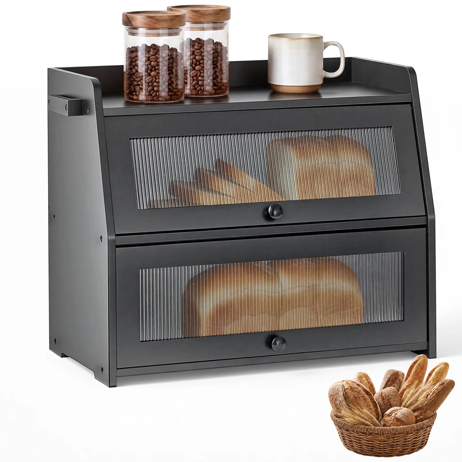 VEVOR Bread Box for Kitchen Counter Bamboo Wood Storage Container Black, for Homemade Bread, Under Cabinet, and Pantry, Double Layer Farmhouse Breadbox Bin, with Acrylic Door Panel and Air Vents