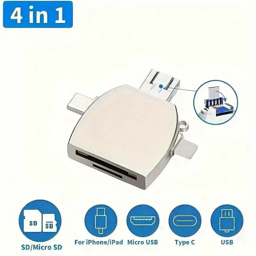 Four-In-One Micro SD Card Reader for Phone/tablet/laptop, Portable Storage Card Viewer, Memory Card Reader, Compatible with SD and TF Cards, Zinc Alloy High-End Reader