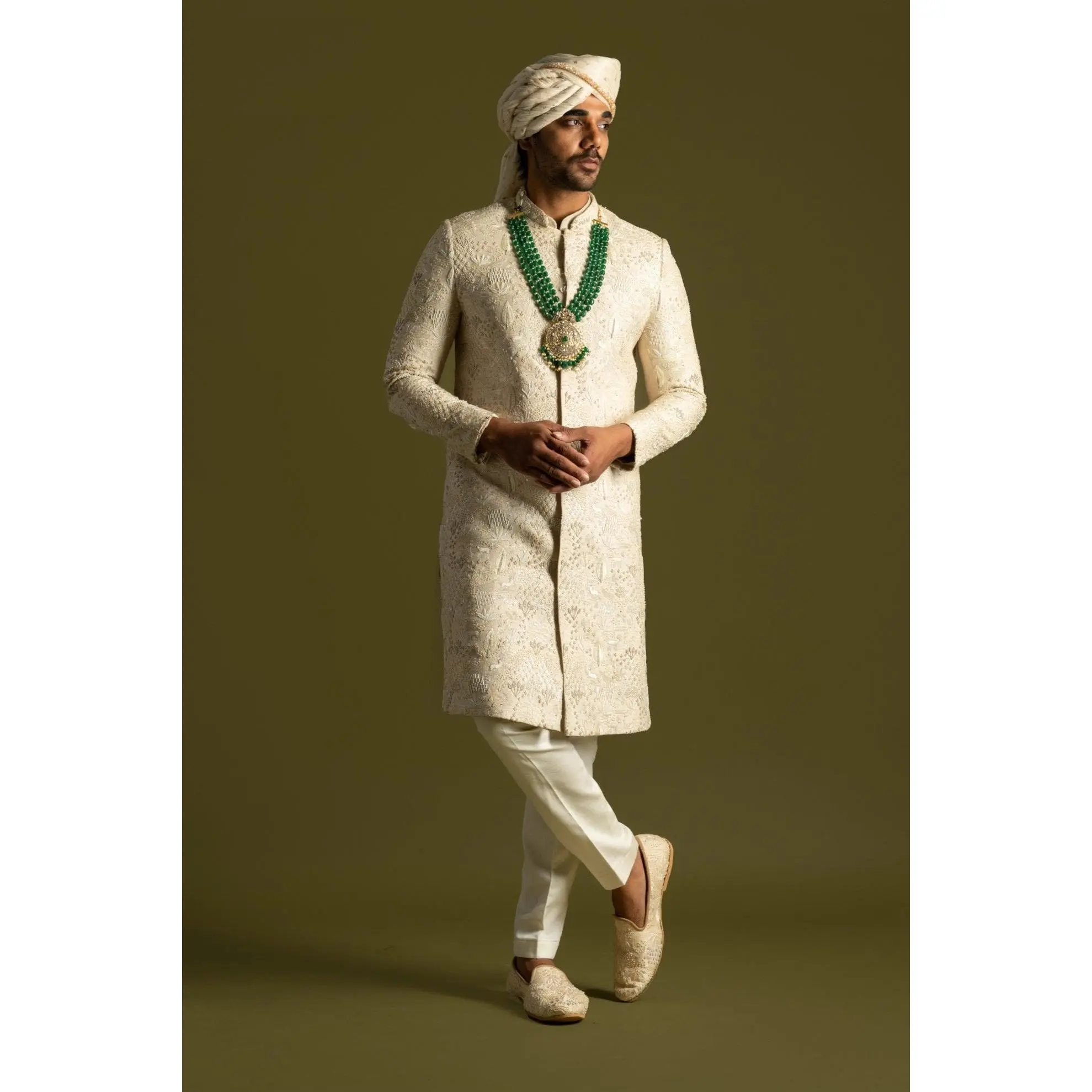 Cream bamberg silk sherwani set