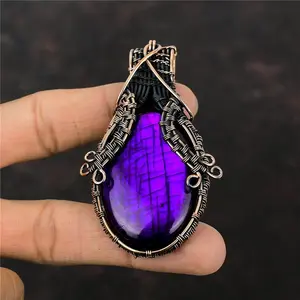 Purple Fire Labradorite Wire Wrapped Pendant Handcrafted Copper Dailywear 3.07"