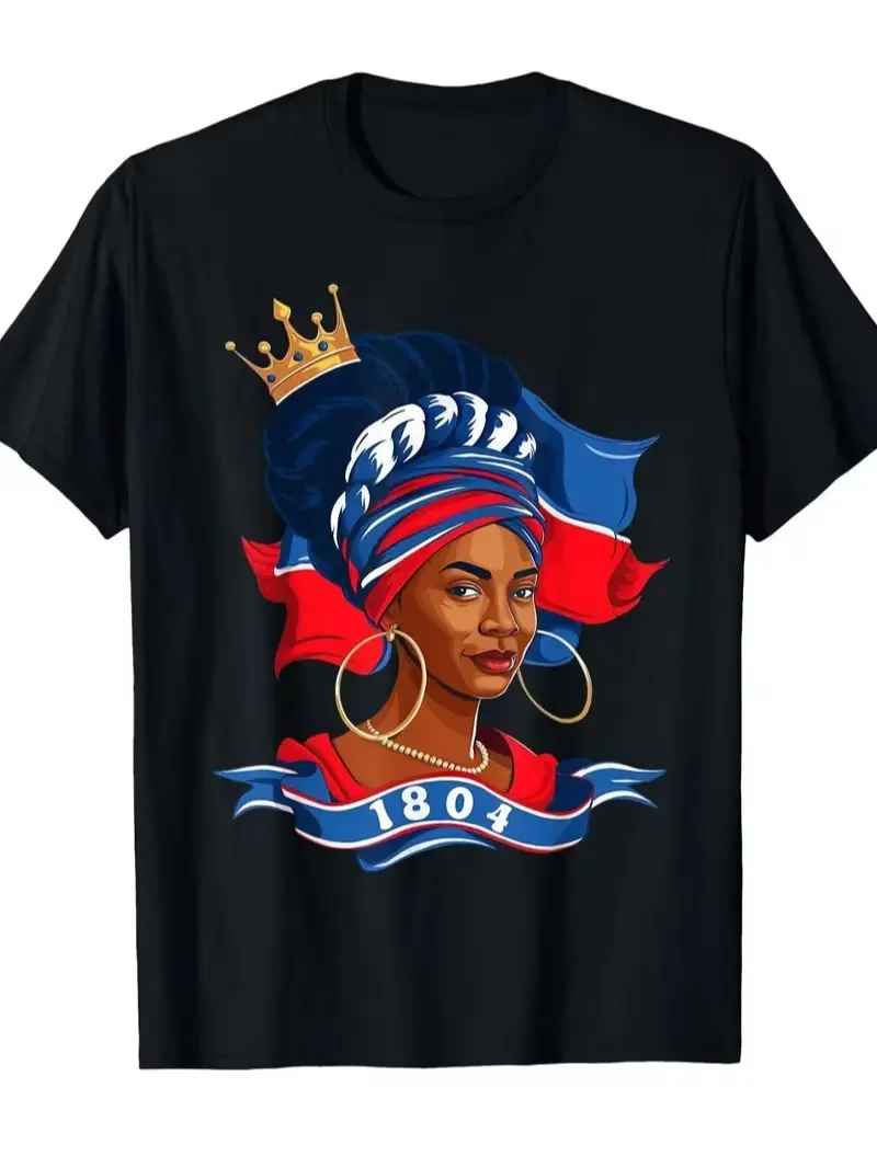 Promotional  for a T-Shirt , Designed for Adults. This Black Crew Neck Shirt Showcases a Vibrant 1804 Historical Designine Washable, Shortsleeve, Tshirt, Unisex