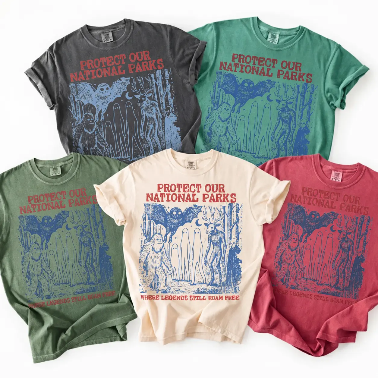 Comfort Colors Protect Our National Parks Tshirt, Cryptid National Parks Shirt, Vintage Camping Hiking Tee, Retro Wanderlust Shirt, Fantasy Creatures Tee Cotton Top Womenswear Apparel