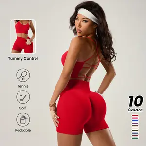 TCVC Women's Criss Cross Backless Sports Bra & Shorts Set, High Waisted Tummy Control Workout Set for Yoga, Gym & Casual Wear | Breathable Knit Fabric All-Season Activewear, Suitable for Spring and Summer Wear