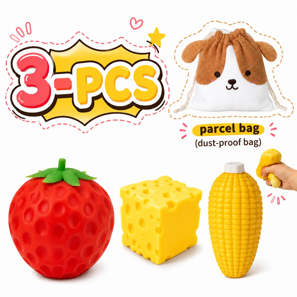 3 Pack Food Fruit Squishy Squeeze Toys with Dog Dust-Proof Storage Bag, Strawberry Cheese Corn Shapes Soft Fidget Sensory Stress Relief Toy Gift Set for Kids Adults Party Classroom Prizes
