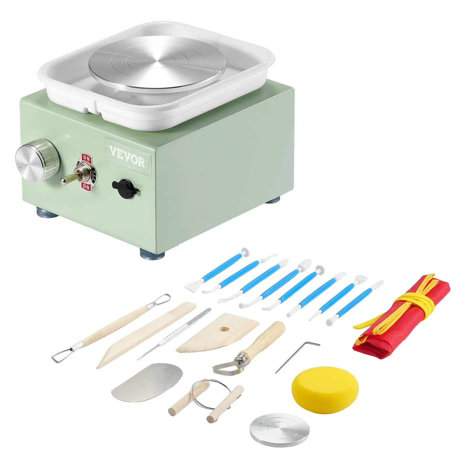 【Summerfinds】VEVOR Mini Pottery Wheel, 0-320RPM Adjustable Speed Detachable Basin Forming Machine, 2.56in/3.94in 2 Turntables Electric Ceramic Wheel Machine, 18pcs Accessories, for Art Craft Work Home DIY, Green