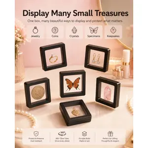 Display Case for 30 Small Exquisite Black Items Product Features: 3D floating design, dust-proof plastic, with elastic film, high transparency and gloss Applications: Leaf specimens, insect specimens, jewelry storage, etc. Model: DM033