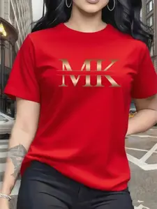 Women's Red Short Sleeve T-Shirt Fit Chic Streetwear Gold MK Graphic Tee Stylish And Vibrant Top For Casual Everyday Daily Wear Outings And Fashion - Forward Style Statements Fabric Womenswear Basic Flat Printed Smooth clothing