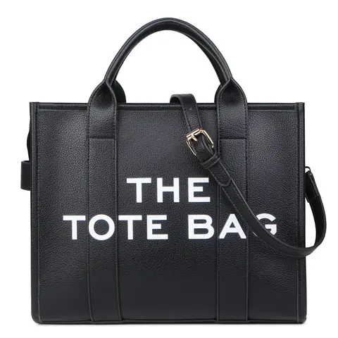 BIGWIG Women's Black PU Leather Tote - "THE TOTE BAG" Print, Durable Structured, Adjustable Crossbody Strap, Spacious, Stylish Birthday Gift, Plain Simple Street Casual Commuter Work Bag