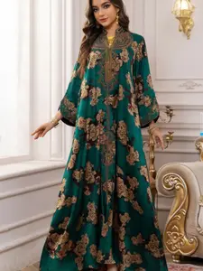 Middle Eastern Muslim Fashion Abaya, V-Neck Embroidered Ethnic Long Sleeve Dress, All Seasons Fitted Glossy Fabric, 103375 Model