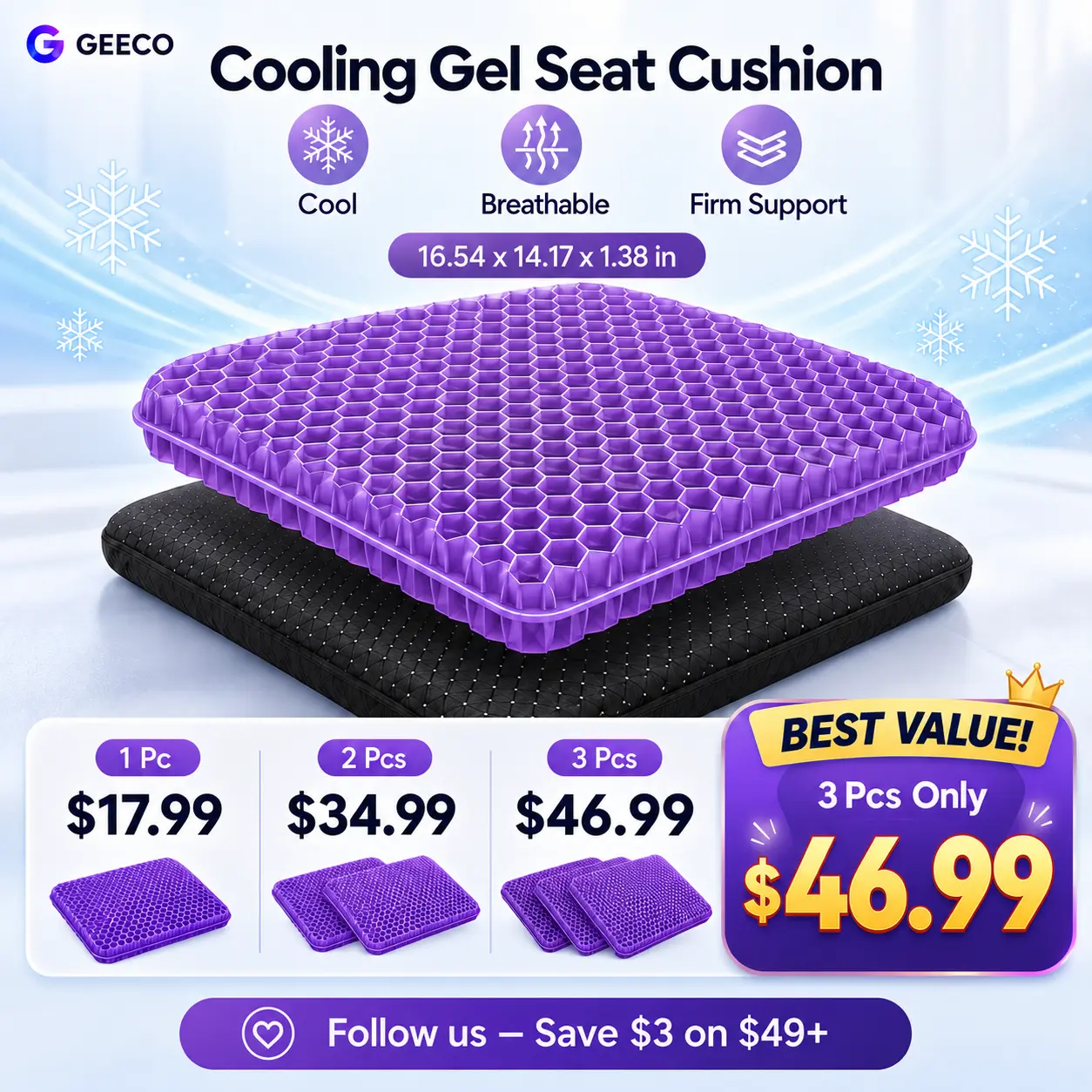 [Exclusive]GEECO Purple Gel Seat Cushion, Firm Honeycomb Cooling Seat Pad with Non-Slip Cover, 16.54 x 14.17 x 1.38 in, Washable Cushion for Office Chair, Car Seat, Home & Summer Sitting Comfort day gift