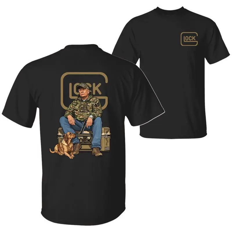 The 47th President Trump Holding a Glock Sitting Next to a Hunting Dog Shirt, Camo Hunting Season Crewneck Unisex Cotton T-shirt