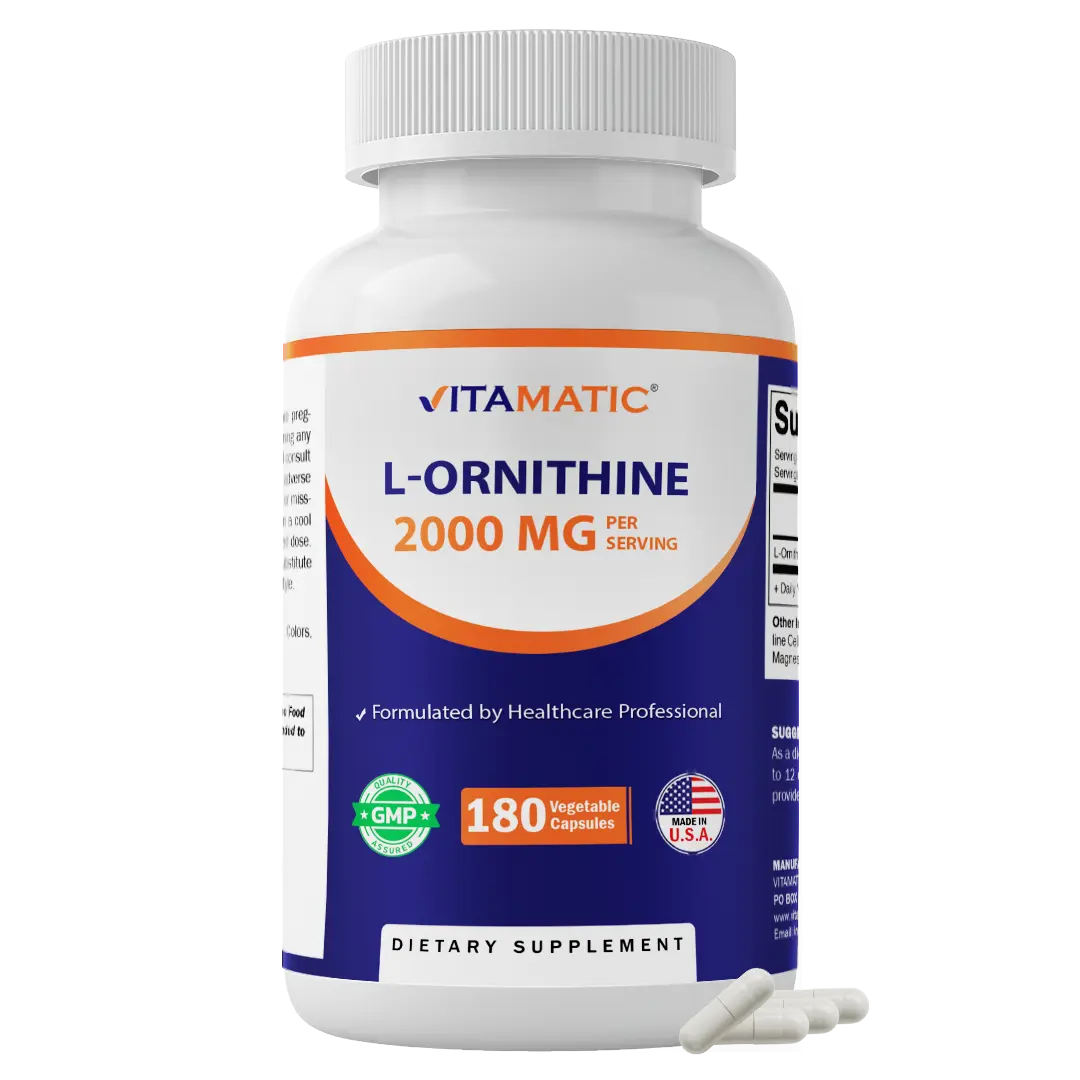 Vitamatic L-Ornithine Amino Acid Capsules - 2000 mg Per Serving, 180 Vegetable Capsules, Non-GMO, Gluten-Free, GMP-Compliant, Made in USA, for Dietary & Fitness Support, Sugar Free