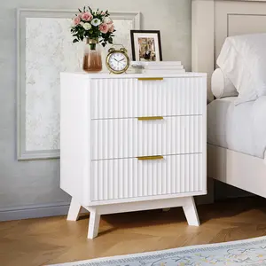 Fluted Nightstand with 3 Drawers, 23.62 Inch Bedside Table for Bedroom, Modern Wave Front Night Stand, 35 lbs Per Drawer, 5.9 Inch Clearance for Easy Cleaning, Wood End Table Storage Cabinet