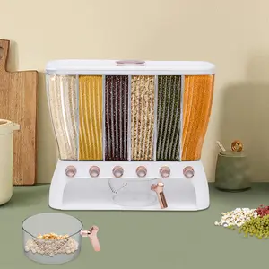 Six Compartment Kitchen Pantry Organizer with Rice Dispenser 10kg Dry Food Storage Container for Flour Sugar Rice Cereals Nuts Clear White Gold Modern Grain Dispenser