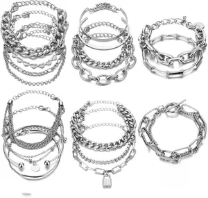 18-25 PCS(6 Pack) Boho Gold Bracelets Set for Women Stackable Chunky Dainty Bangles Adjustable Chain Flat Cuff Cuban Punk Charm Bundle Jewelry