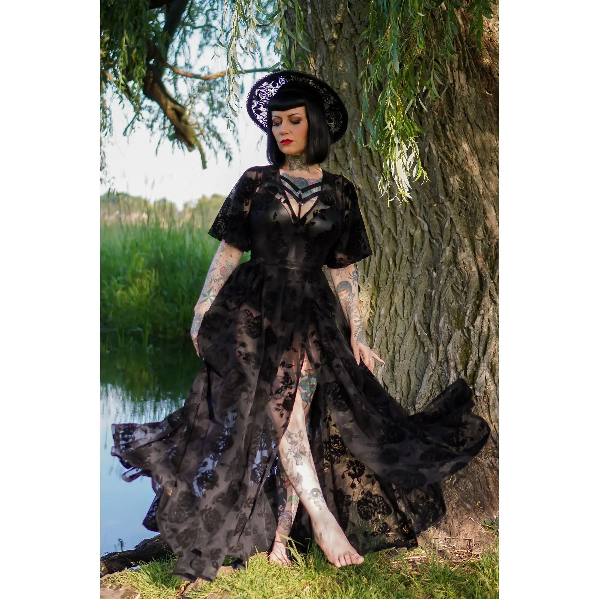 *PRE ORDER* Lydia Wrap Dress in Flocked Rose Black Mesh