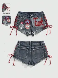 Y2K Style Super Short High-Waisted Hot Pants, Embroidered Patch Elastic Waist, Fuzzy Hem & Side Tie Design, Sexy and Bold Fashion