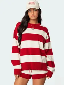 2026 Summer Casual Crew Neck Striped Spliced Knitted Two-piece Sweater Set for Women Womenswear Chic Clothes Short Suits Top